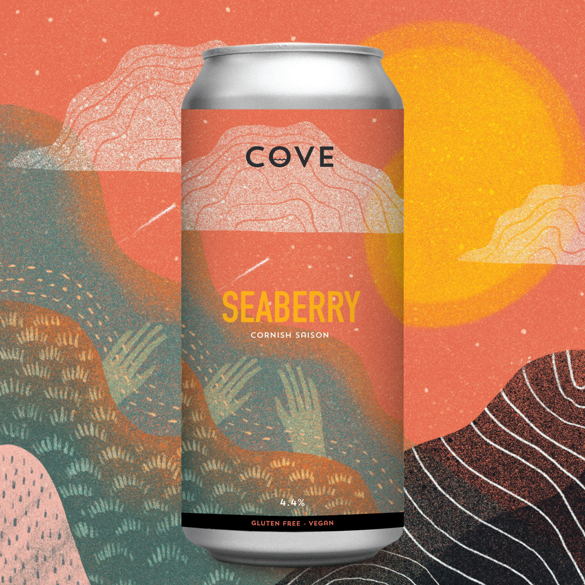 A can of Cove Seaberry Cornish Saison beer with a colorful abstract design in the background.